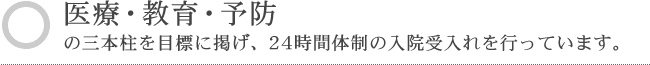 医療・教育・予防の三本柱を目標に掲げ、24時間体制の入院受け入れを行っています。